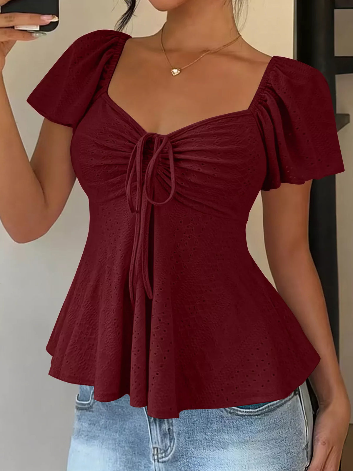 Sweetheart Neck Flutter Sleeve Top - WYNFLARE