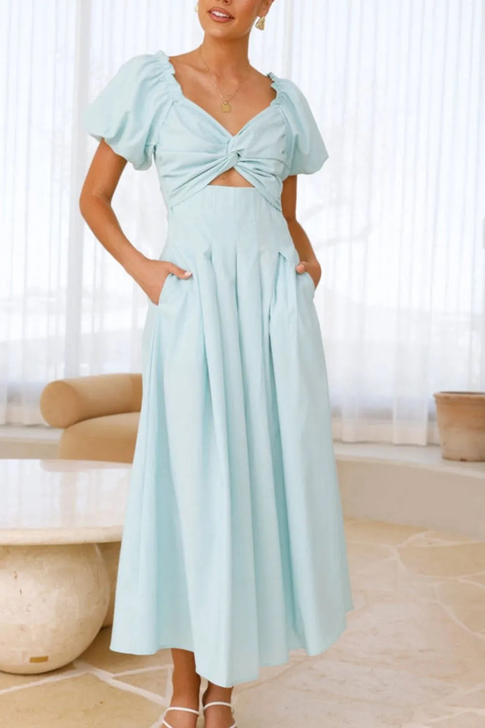 Sweetheart Neck Puff Sleeve Dress - WYNFLARE