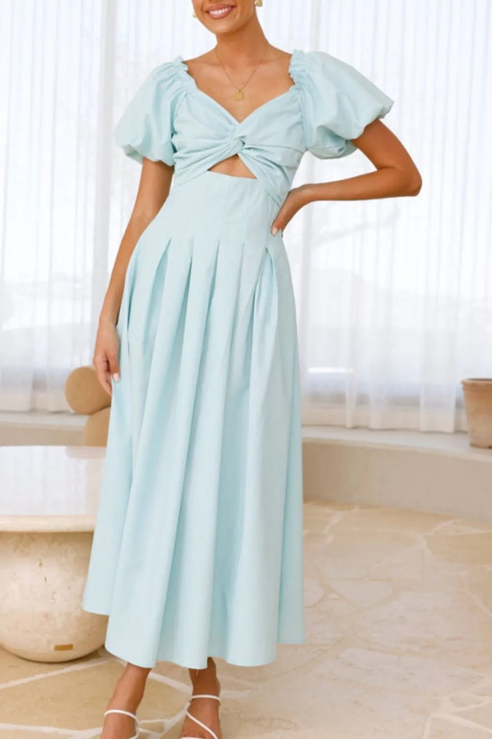 Sweetheart Neck Puff Sleeve Dress - WYNFLARE