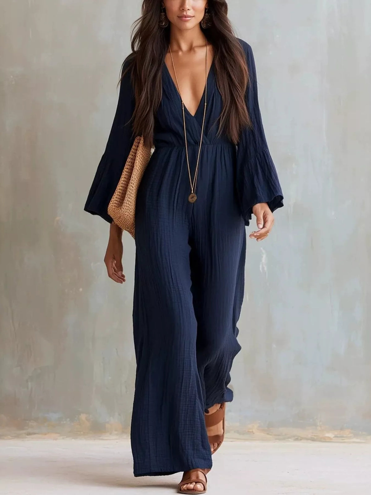 Textured Flare Sleeve Jumpsuit - WYNFLARE