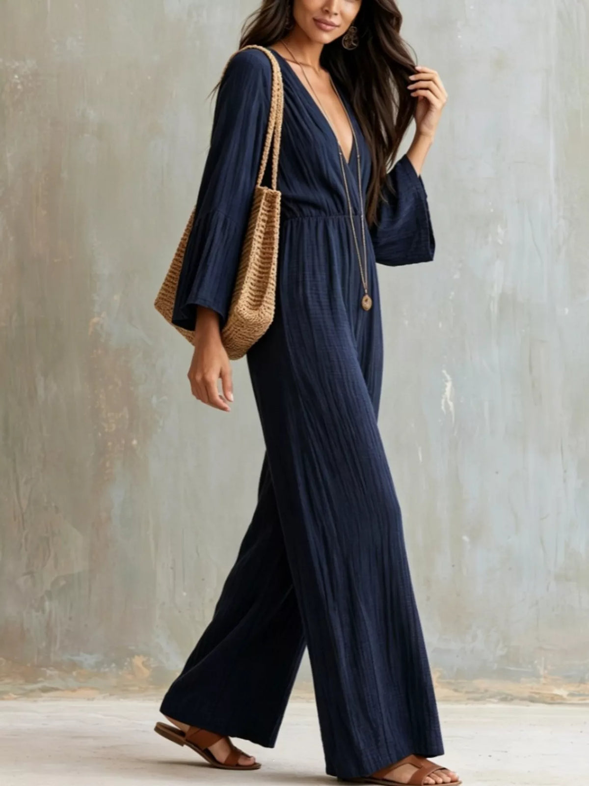 Textured Flare Sleeve Jumpsuit - WYNFLARE
