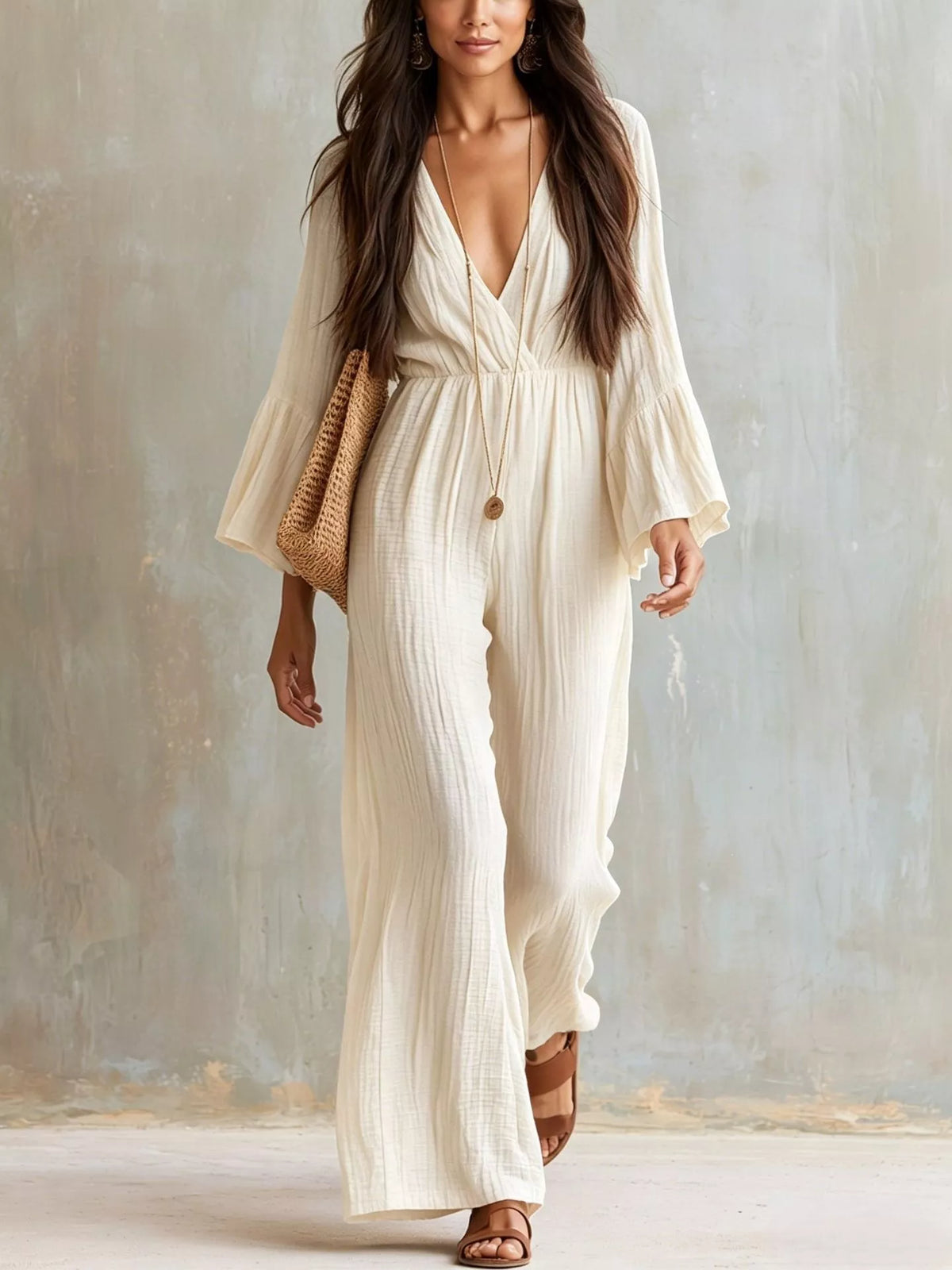 Textured Flare Sleeve Jumpsuit - WYNFLARE