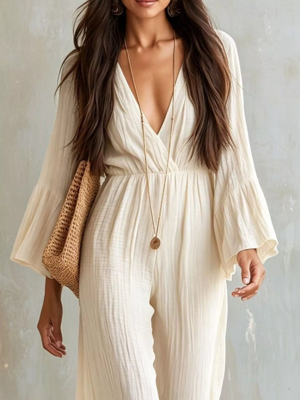 Textured Flare Sleeve Jumpsuit - WYNFLARE