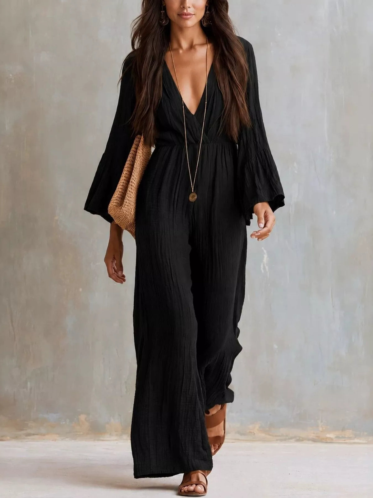 Textured Flare Sleeve Jumpsuit - WYNFLARE