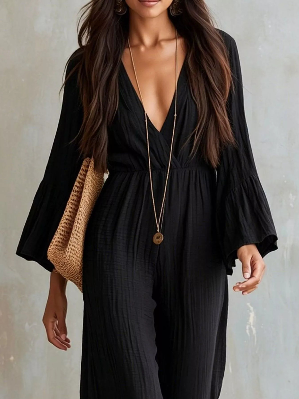 Textured Flare Sleeve Jumpsuit - WYNFLARE