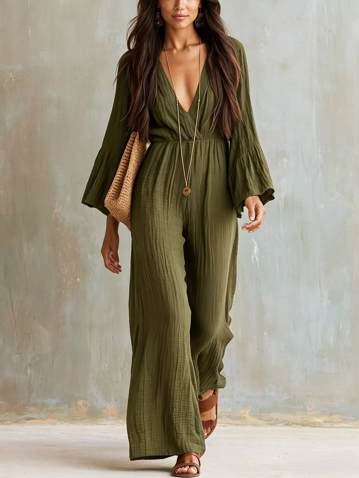 Textured Flare Sleeve Jumpsuit - WYNFLARE