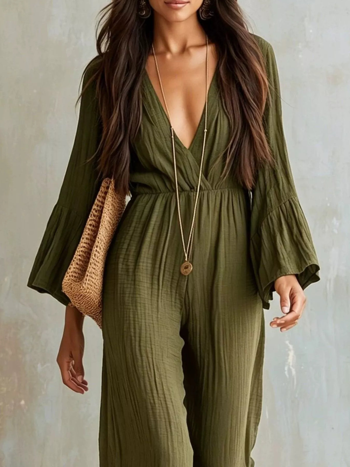 Textured Flare Sleeve Jumpsuit - WYNFLARE