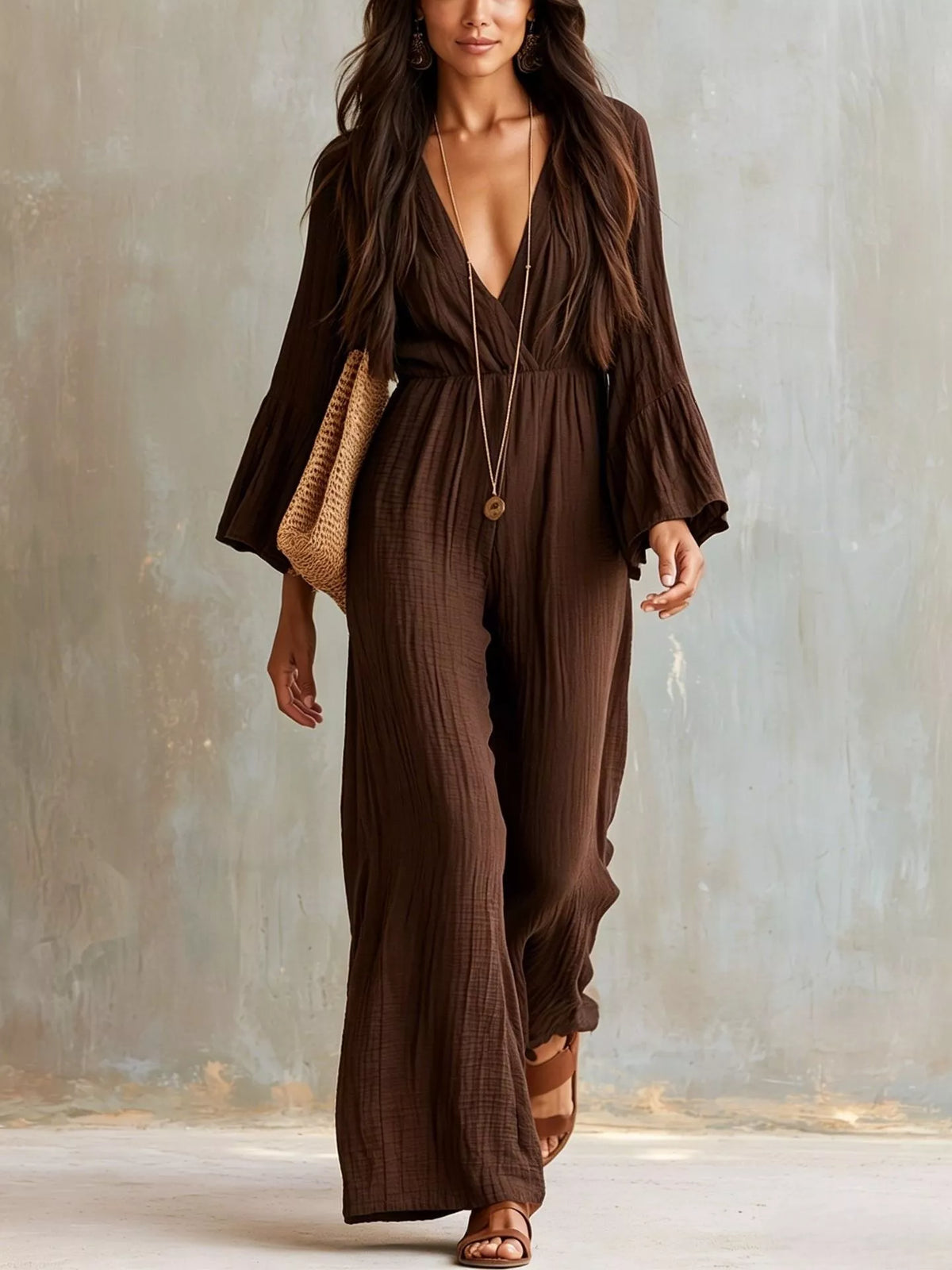 Textured Flare Sleeve Jumpsuit - WYNFLARE