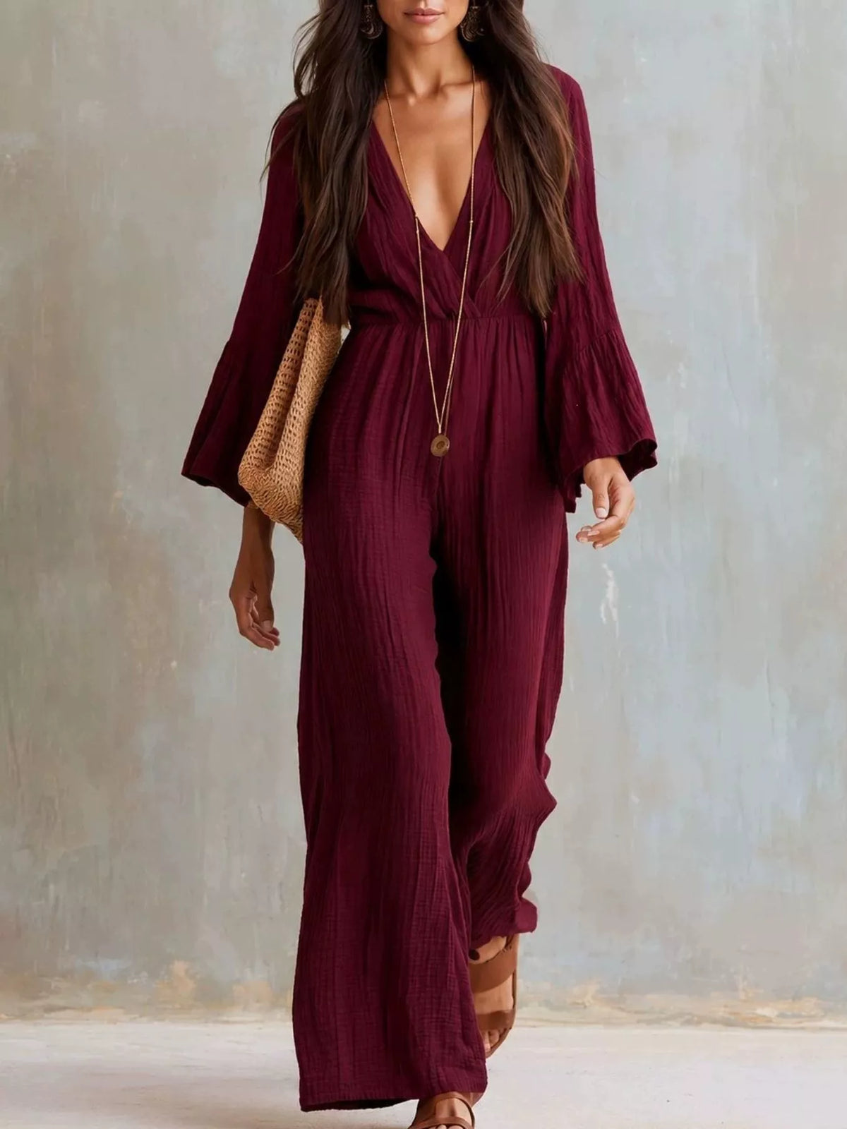 Textured Flare Sleeve Jumpsuit - WYNFLARE
