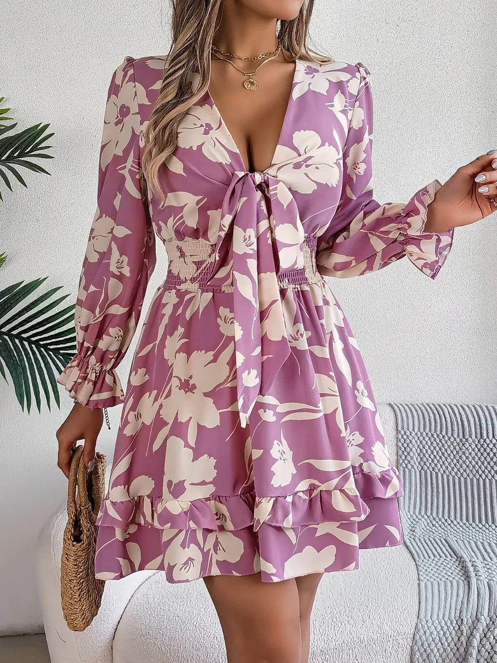Tied Ruffled Printed Long Sleeve Dress - WYNFLARE