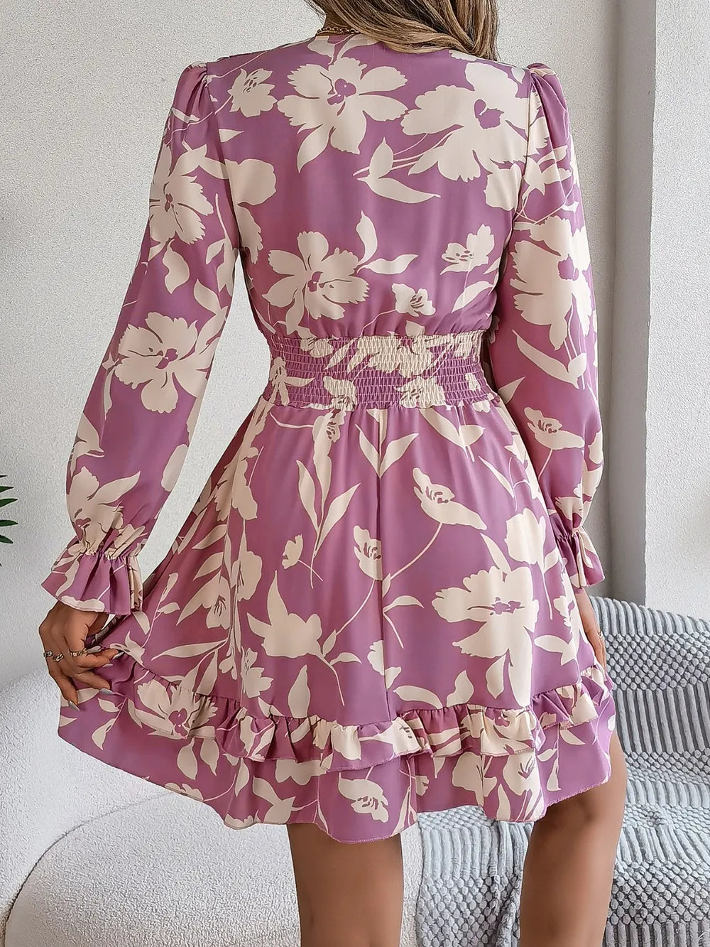 Tied Ruffled Printed Long Sleeve Dress - WYNFLARE