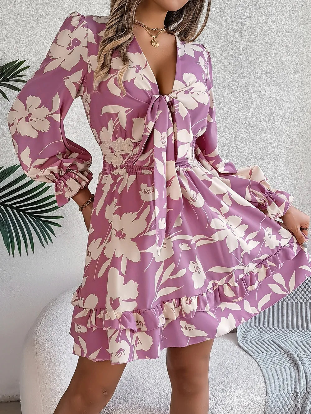 Tied Ruffled Printed Long Sleeve Dress - WYNFLARE