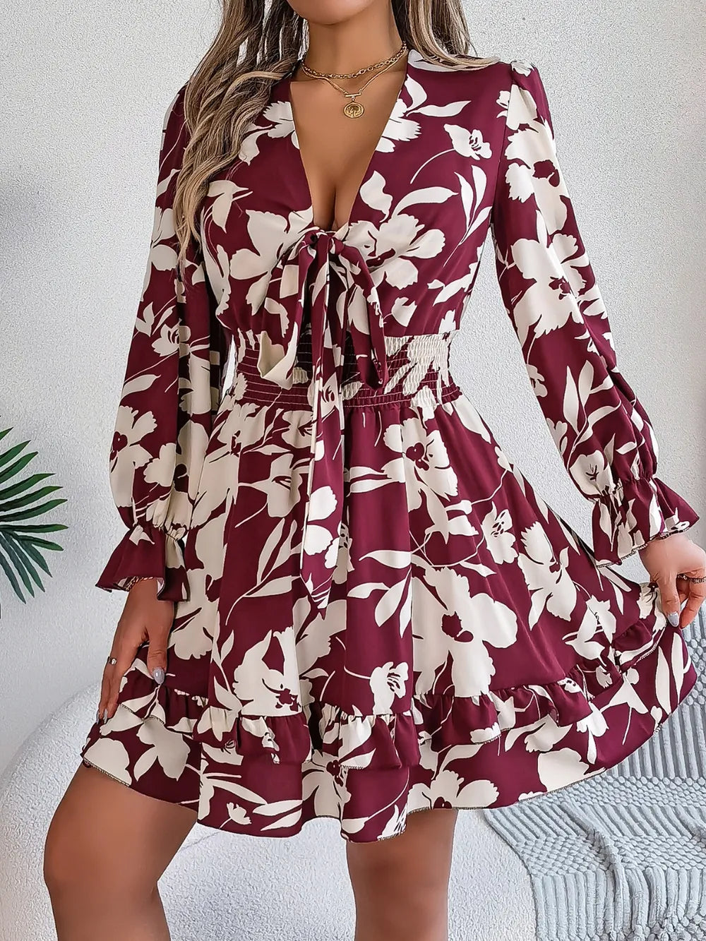 Tied Ruffled Printed Long Sleeve Dress - WYNFLARE
