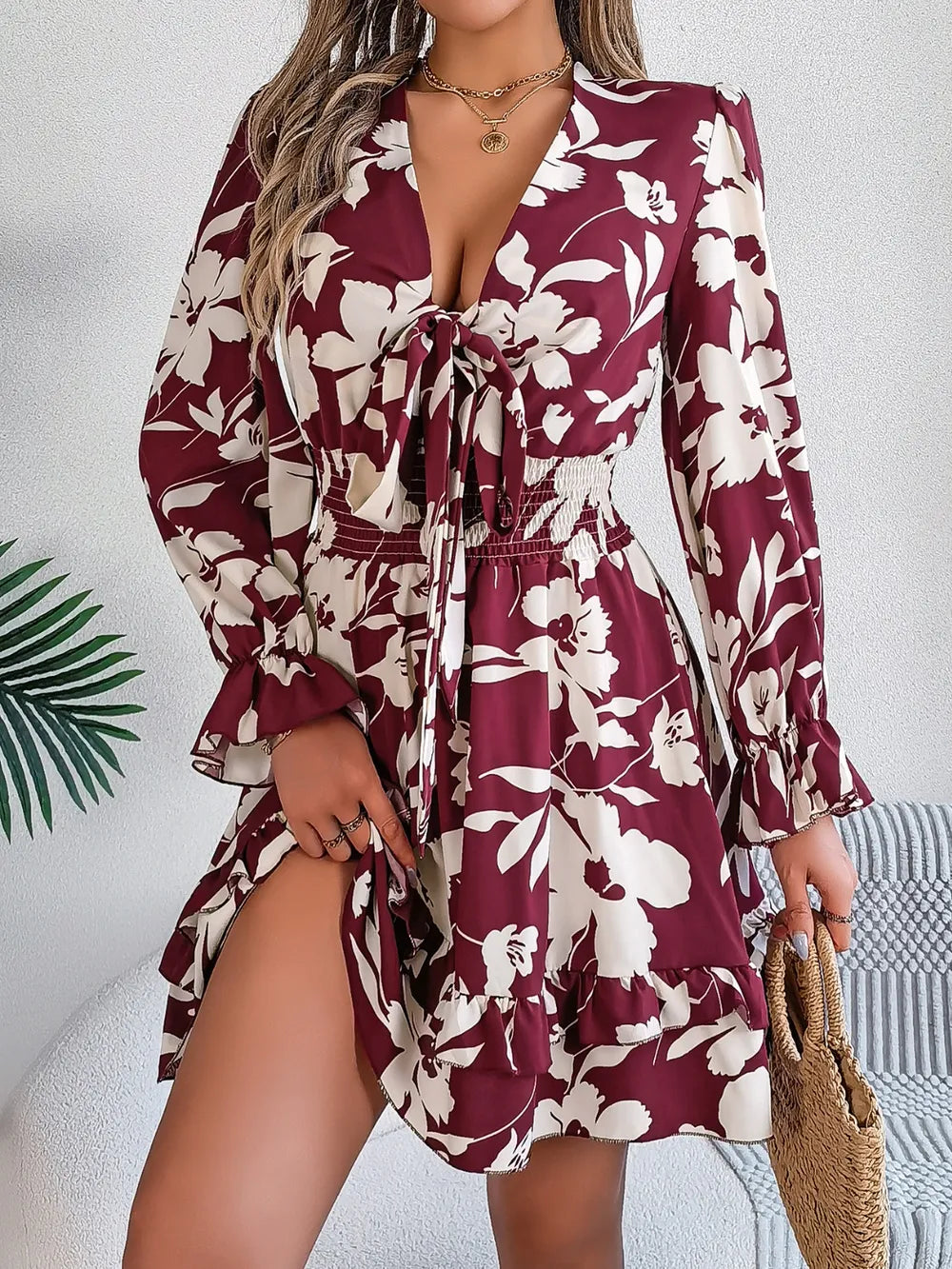 Tied Ruffled Printed Long Sleeve Dress - WYNFLARE