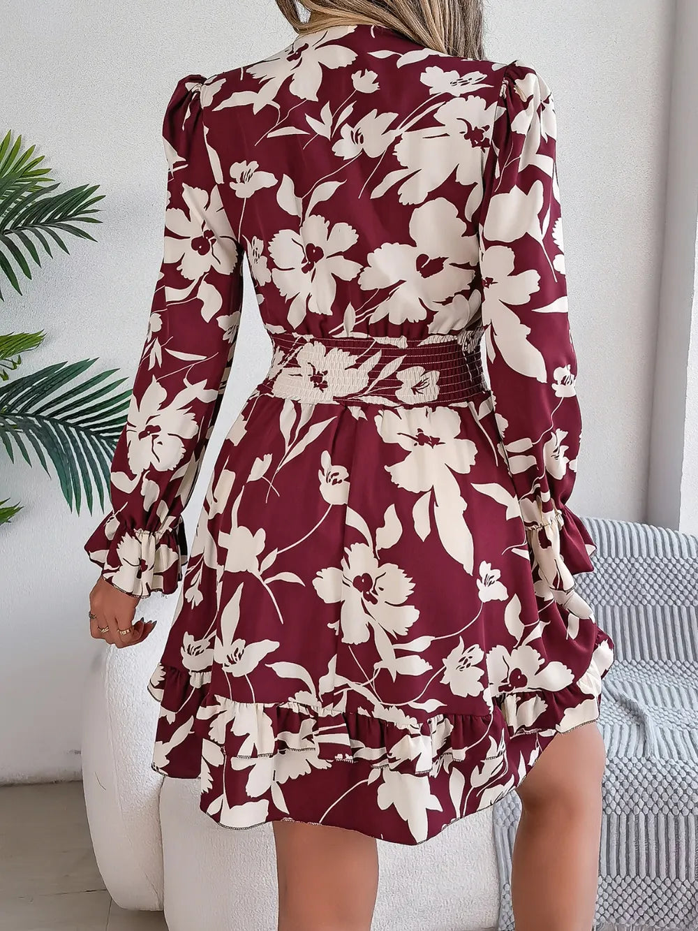 Tied Ruffled Printed Long Sleeve Dress - WYNFLARE