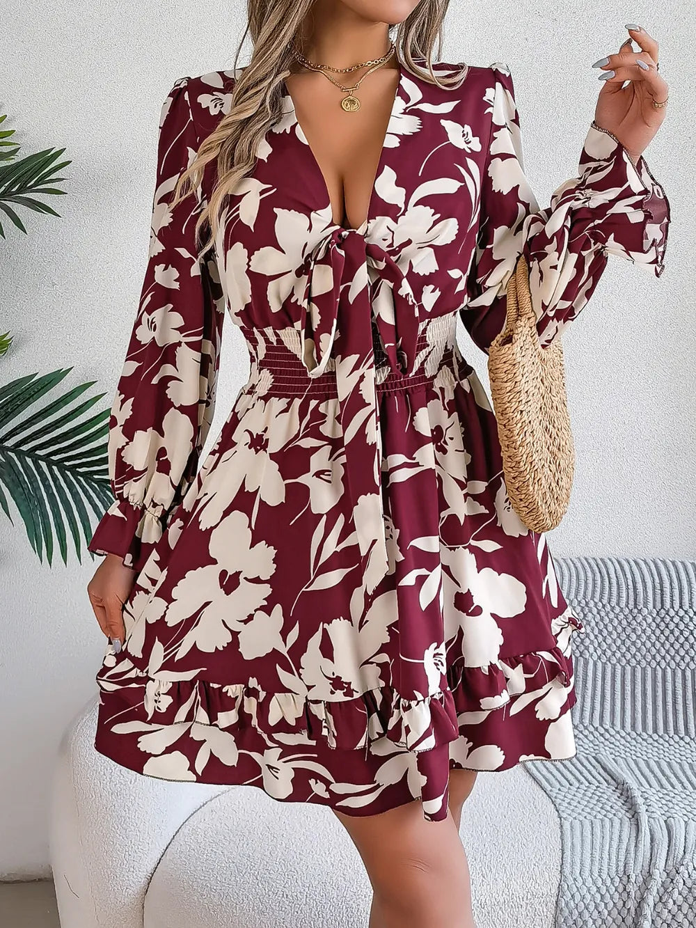 Tied Ruffled Printed Long Sleeve Dress - WYNFLARE