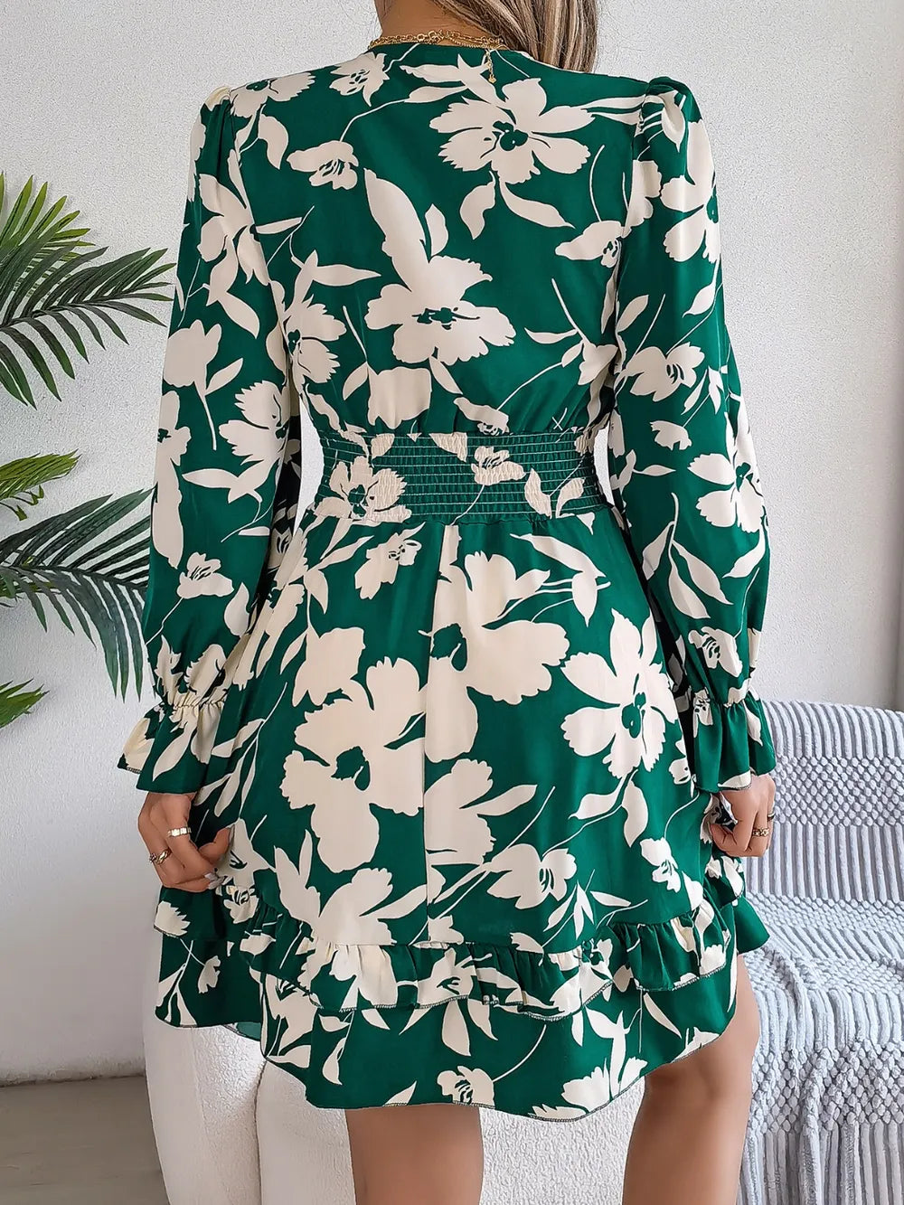 Tied Ruffled Printed Long Sleeve Dress - WYNFLARE