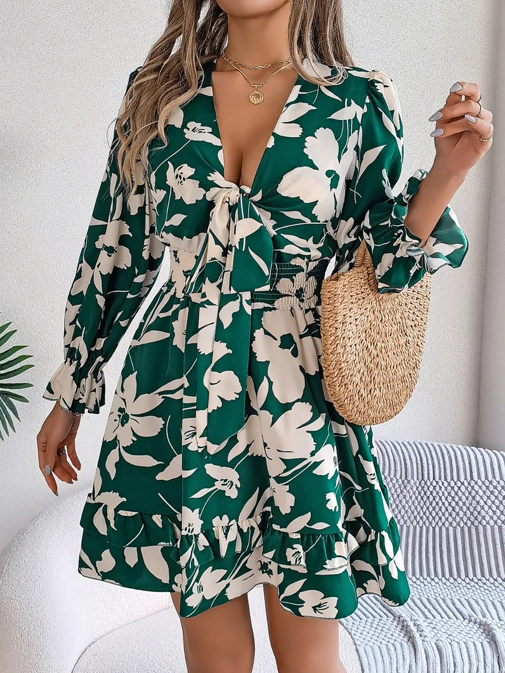 Tied Ruffled Printed Long Sleeve Dress - WYNFLARE