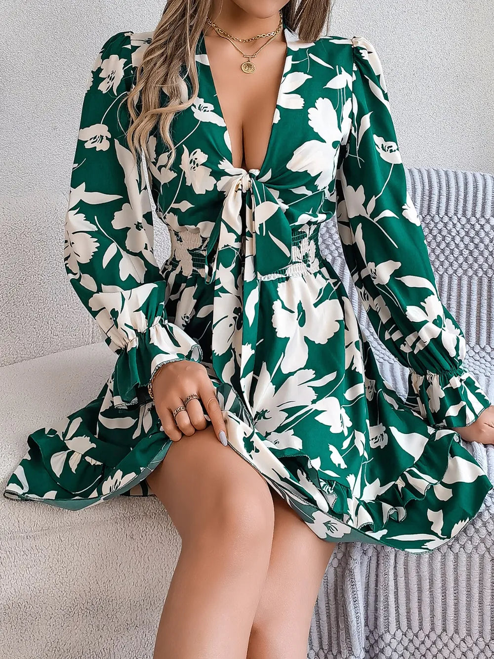 Tied Ruffled Printed Long Sleeve Dress - WYNFLARE