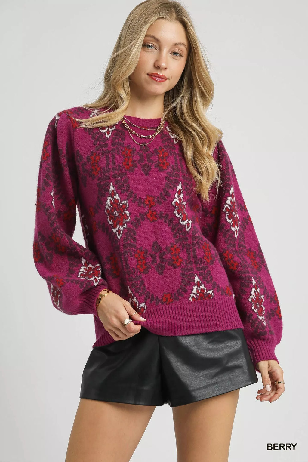 Umgee Boho Patterned Long Sleeve Sweater - WYNFLARE