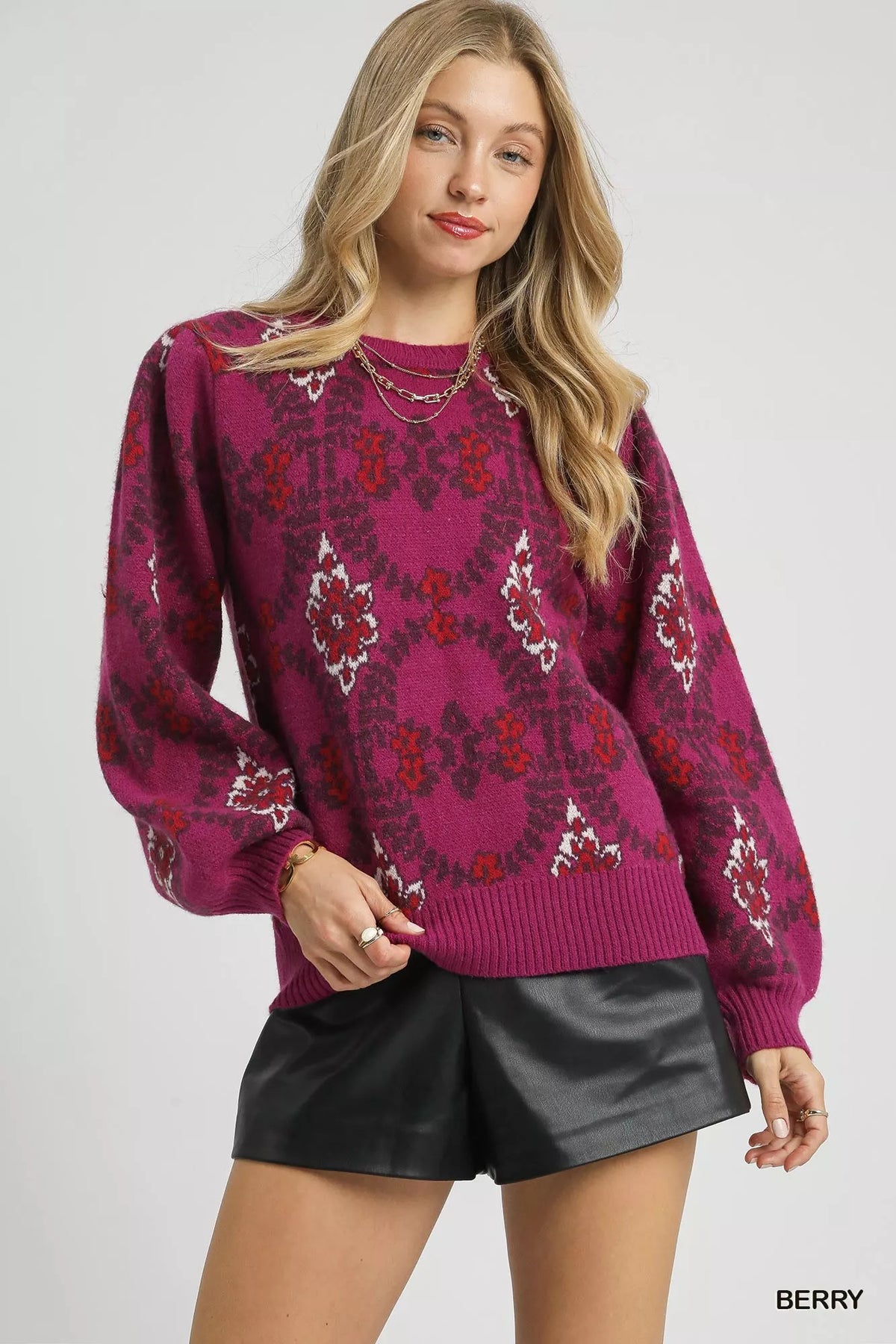 Umgee Boho Patterned Long Sleeve Sweater - WYNFLARE