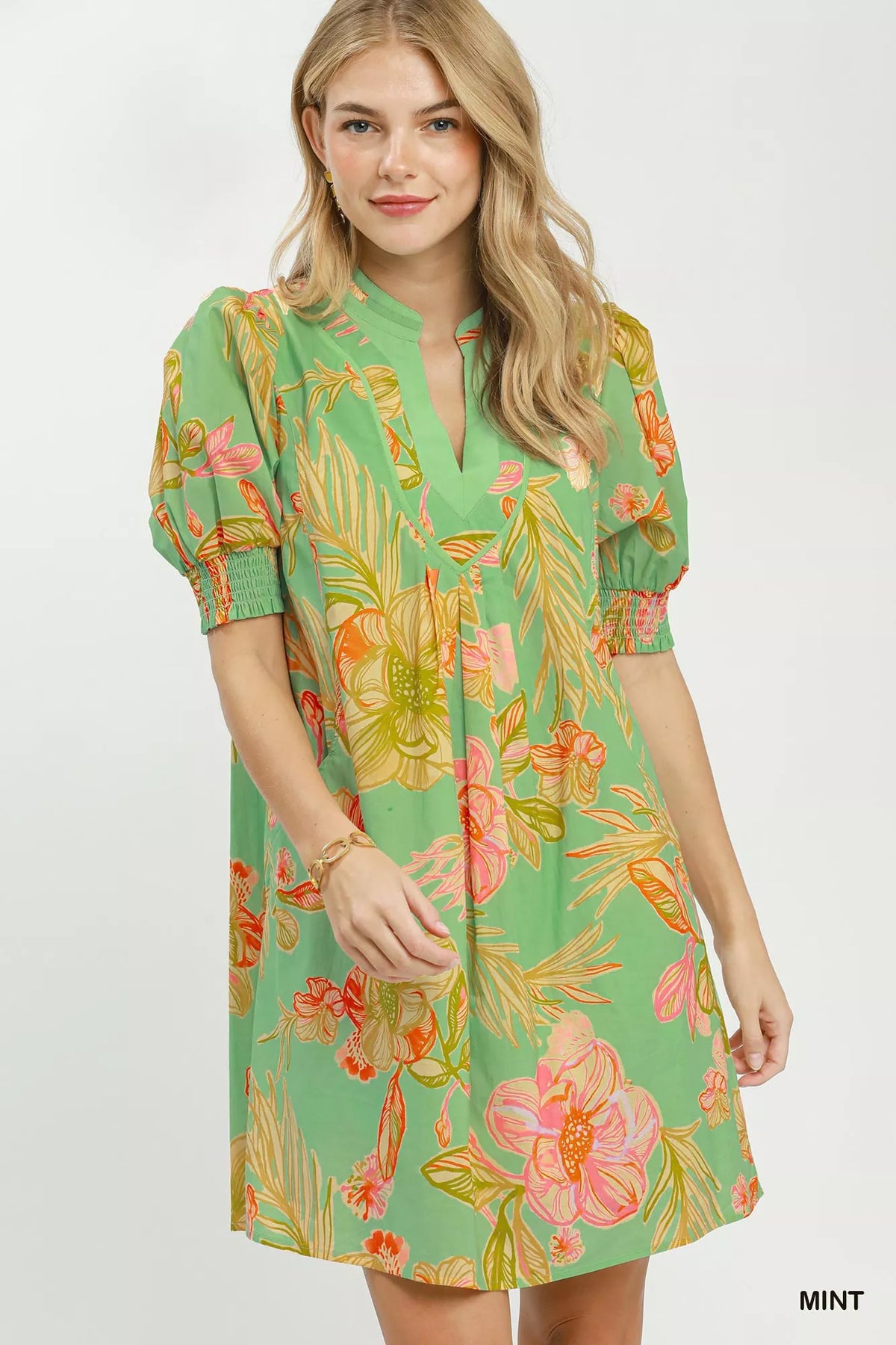 Umgee Botanical Print Dress with Smocked Cuffs - WYNFLARE