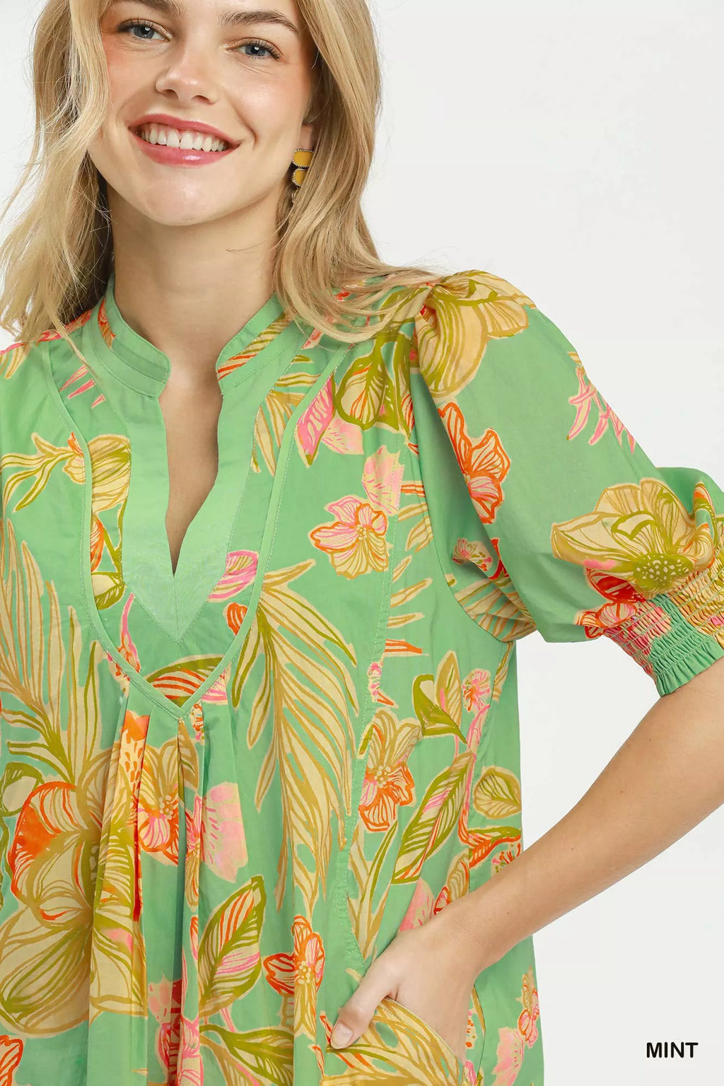 Umgee Botanical Print Dress with Smocked Cuffs - WYNFLARE