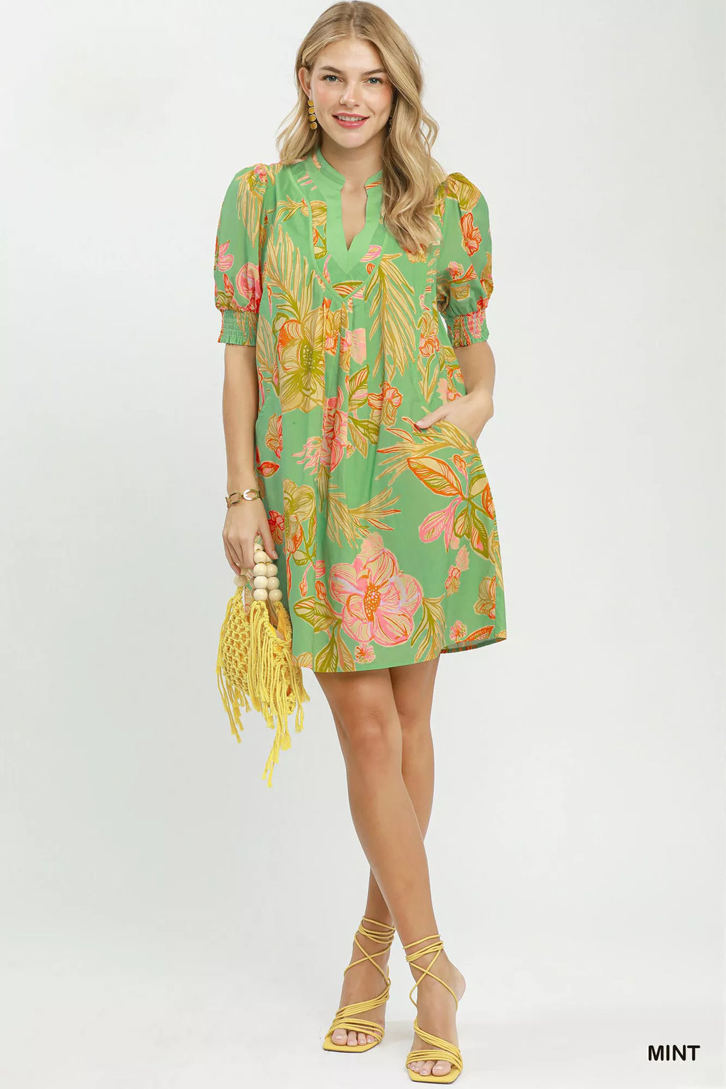 Umgee Botanical Print Dress with Smocked Cuffs - WYNFLARE