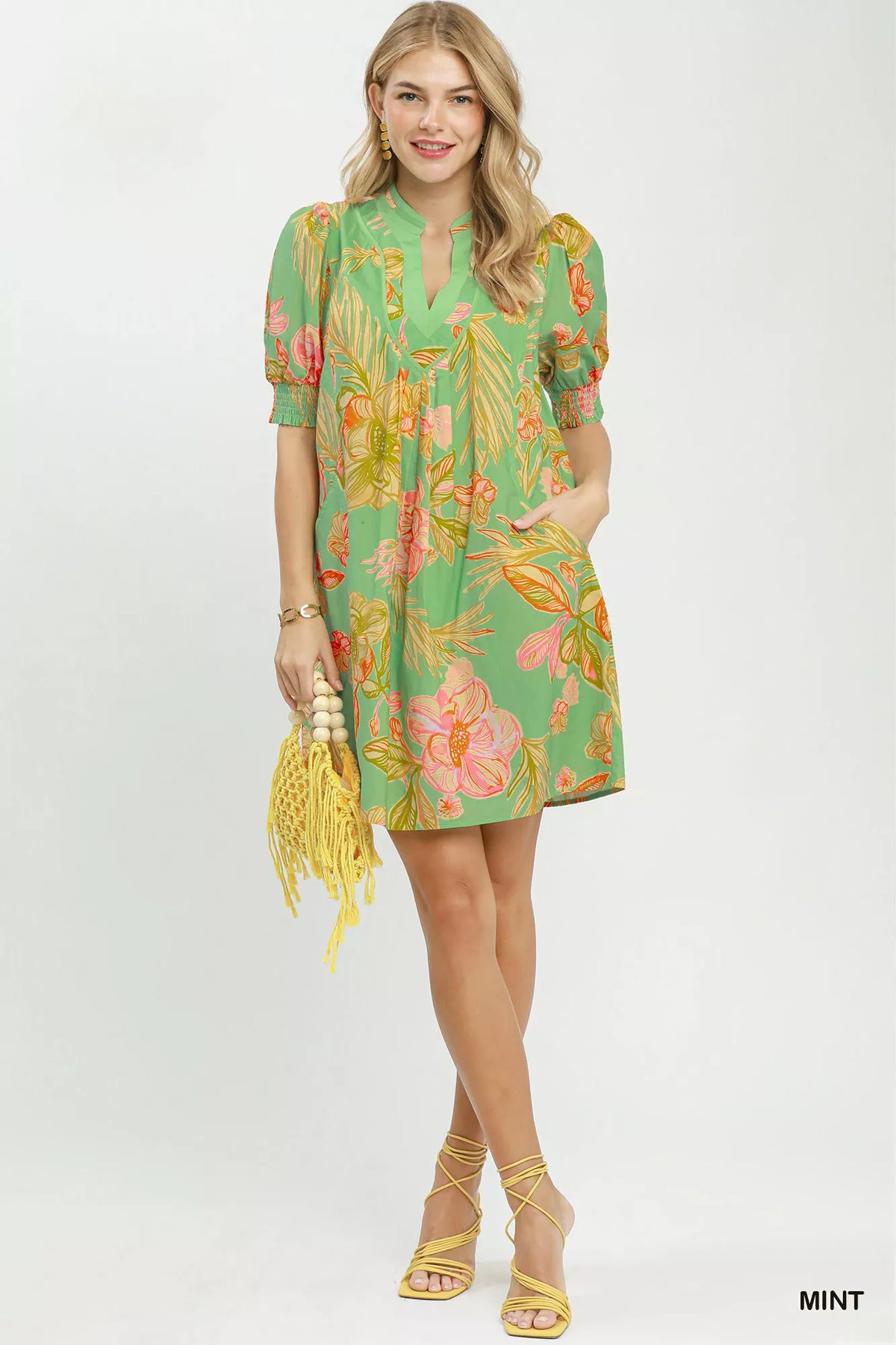 Umgee Botanical Print Dress with Smocked Cuffs - WYNFLARE