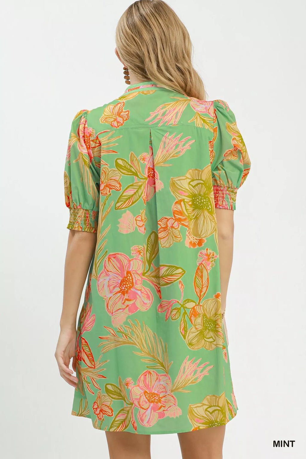 Umgee Botanical Print Dress with Smocked Cuffs - WYNFLARE