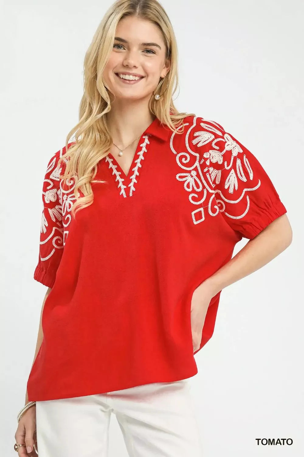 Umgee Floral Embroidered Sleeve Blouse - WYNFLARE