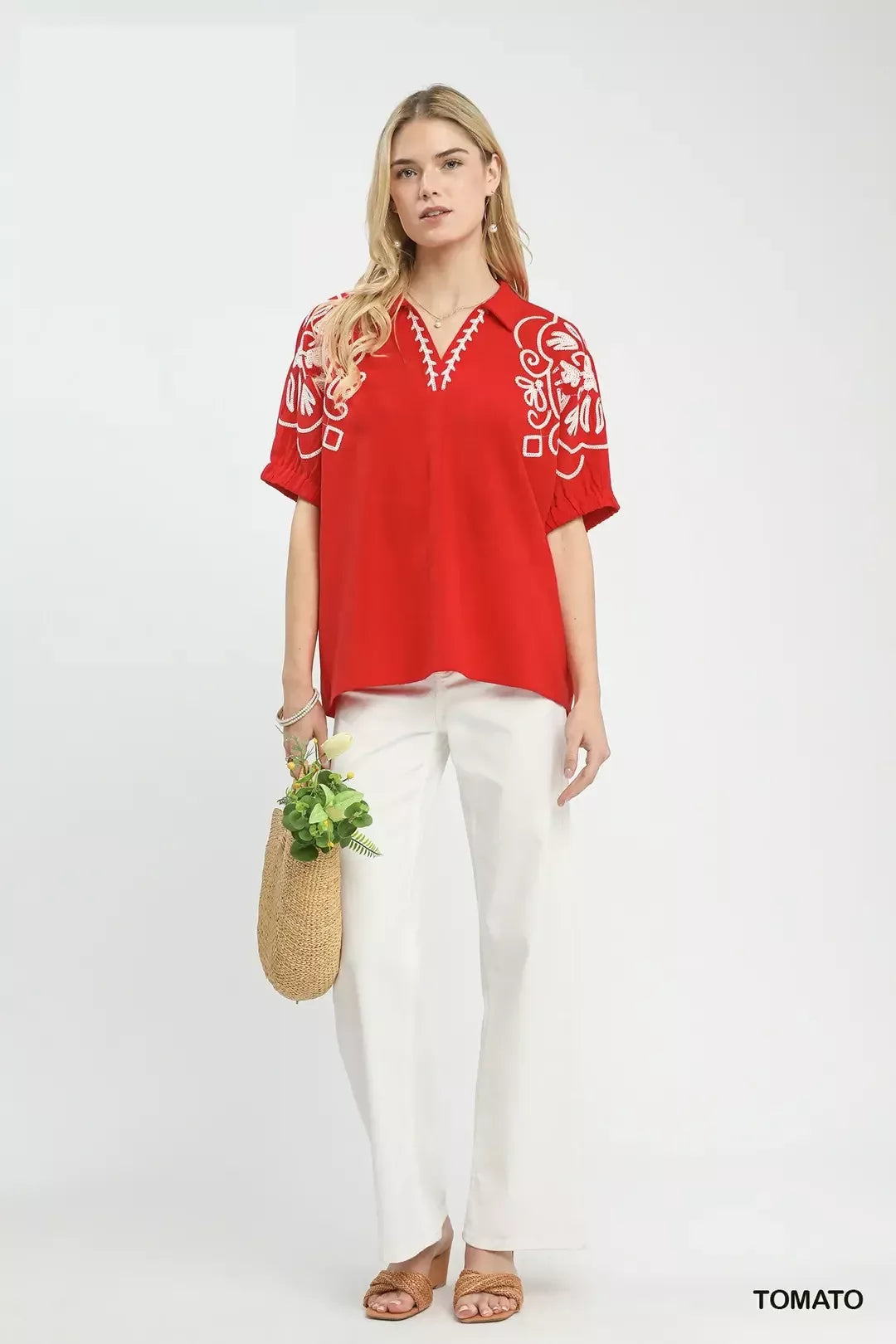 Umgee Floral Embroidered Sleeve Blouse - WYNFLARE
