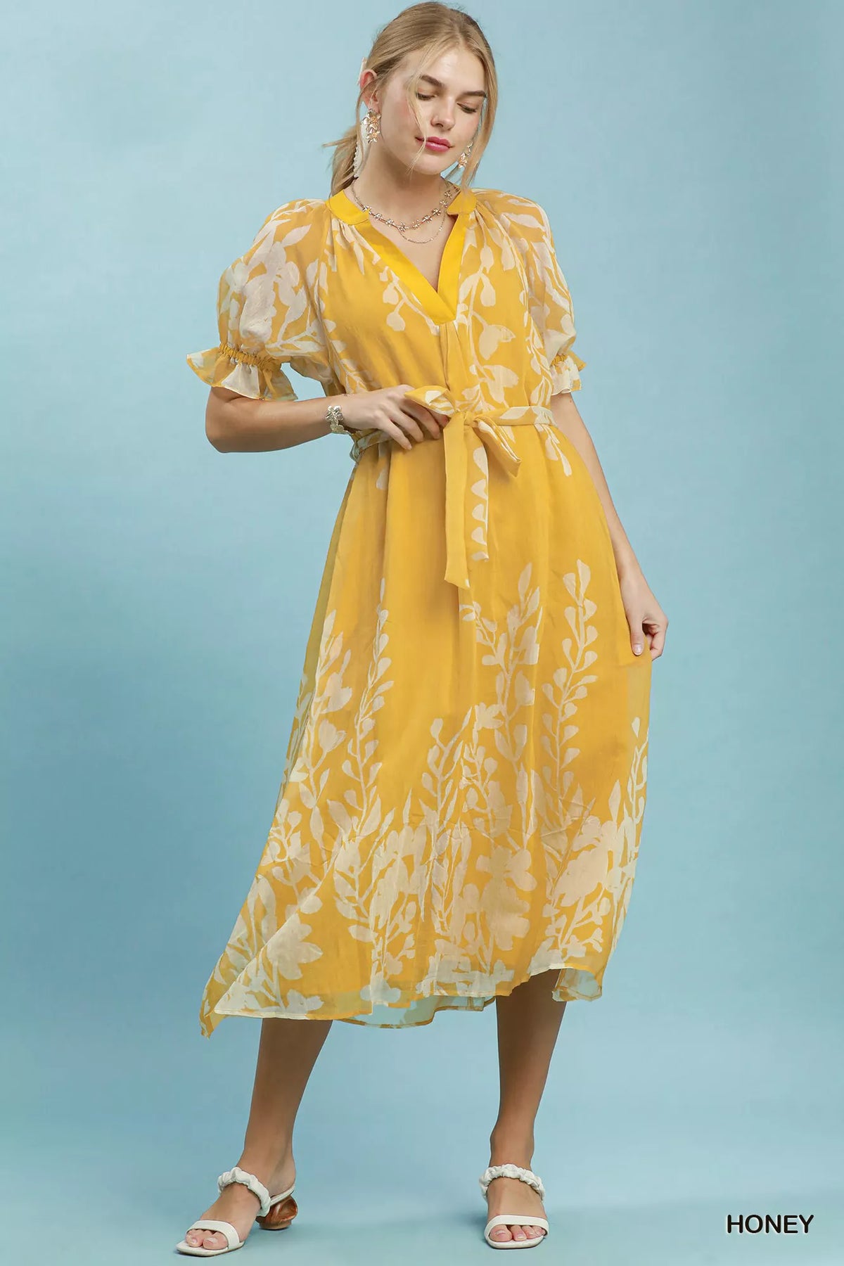 Umgee Floral Print Tie Waist Midi Dress with Side Pockets - WYNFLARE