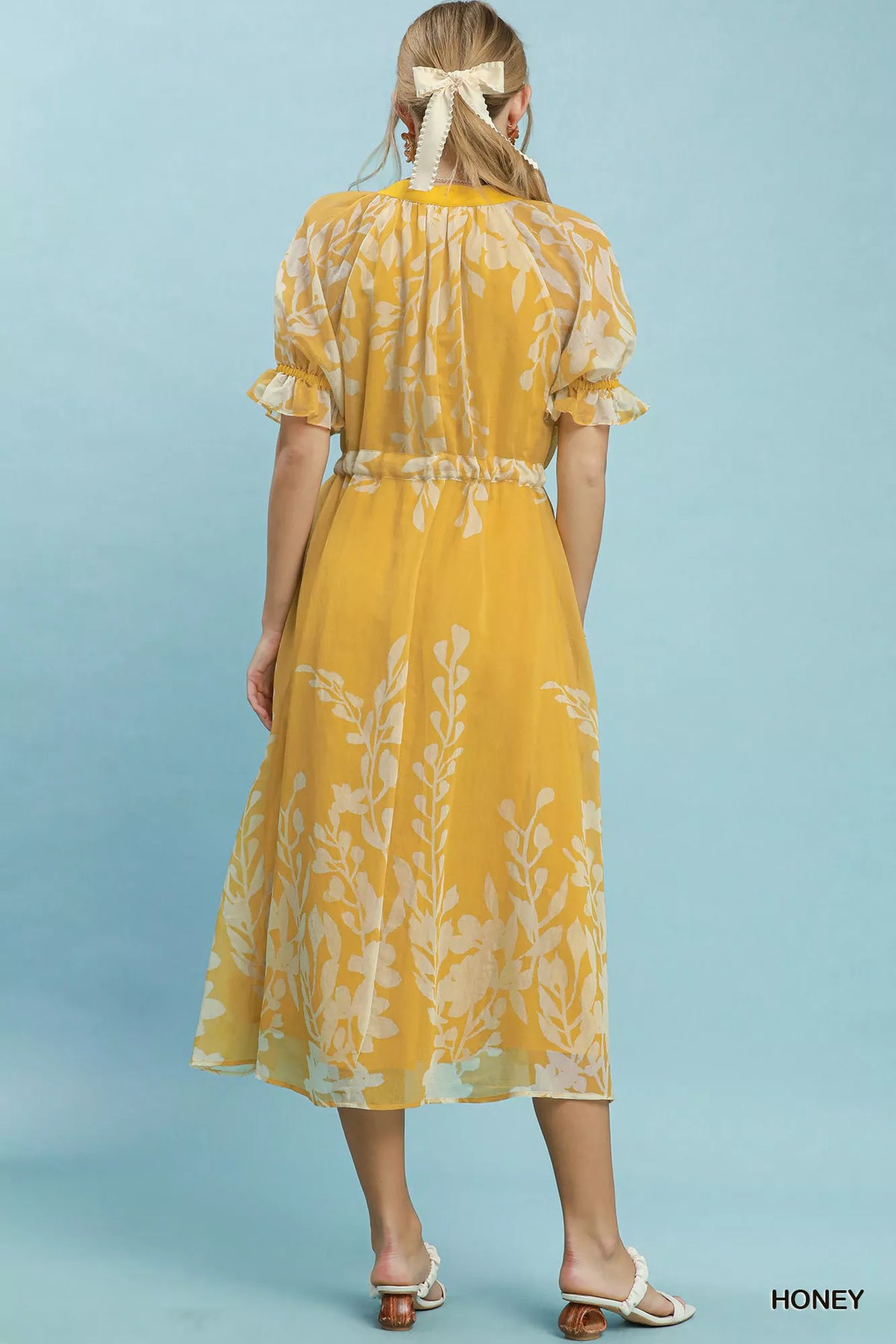 Umgee Floral Print Tie Waist Midi Dress with Side Pockets - WYNFLARE