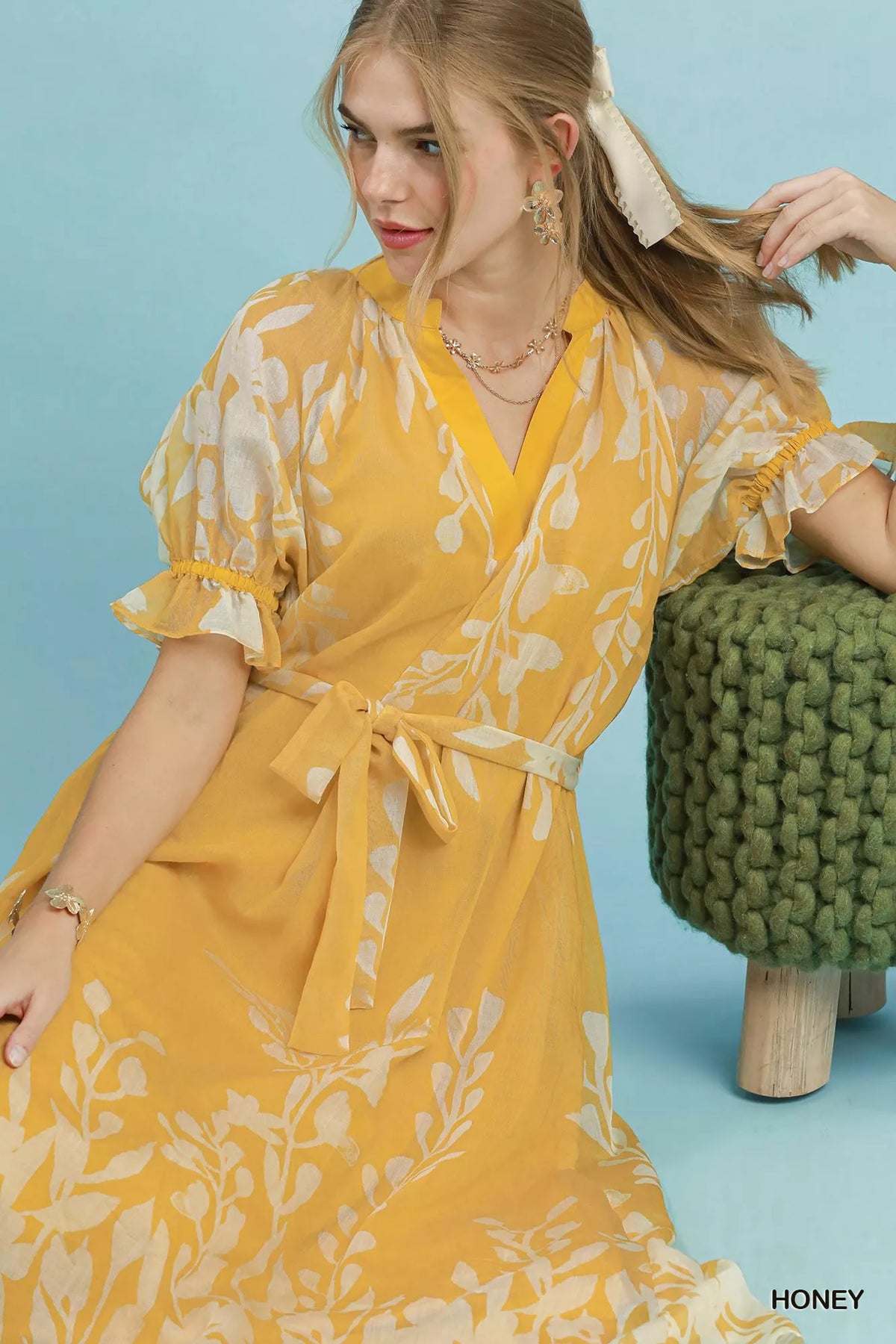 Umgee Floral Print Tie Waist Midi Dress with Side Pockets - WYNFLARE