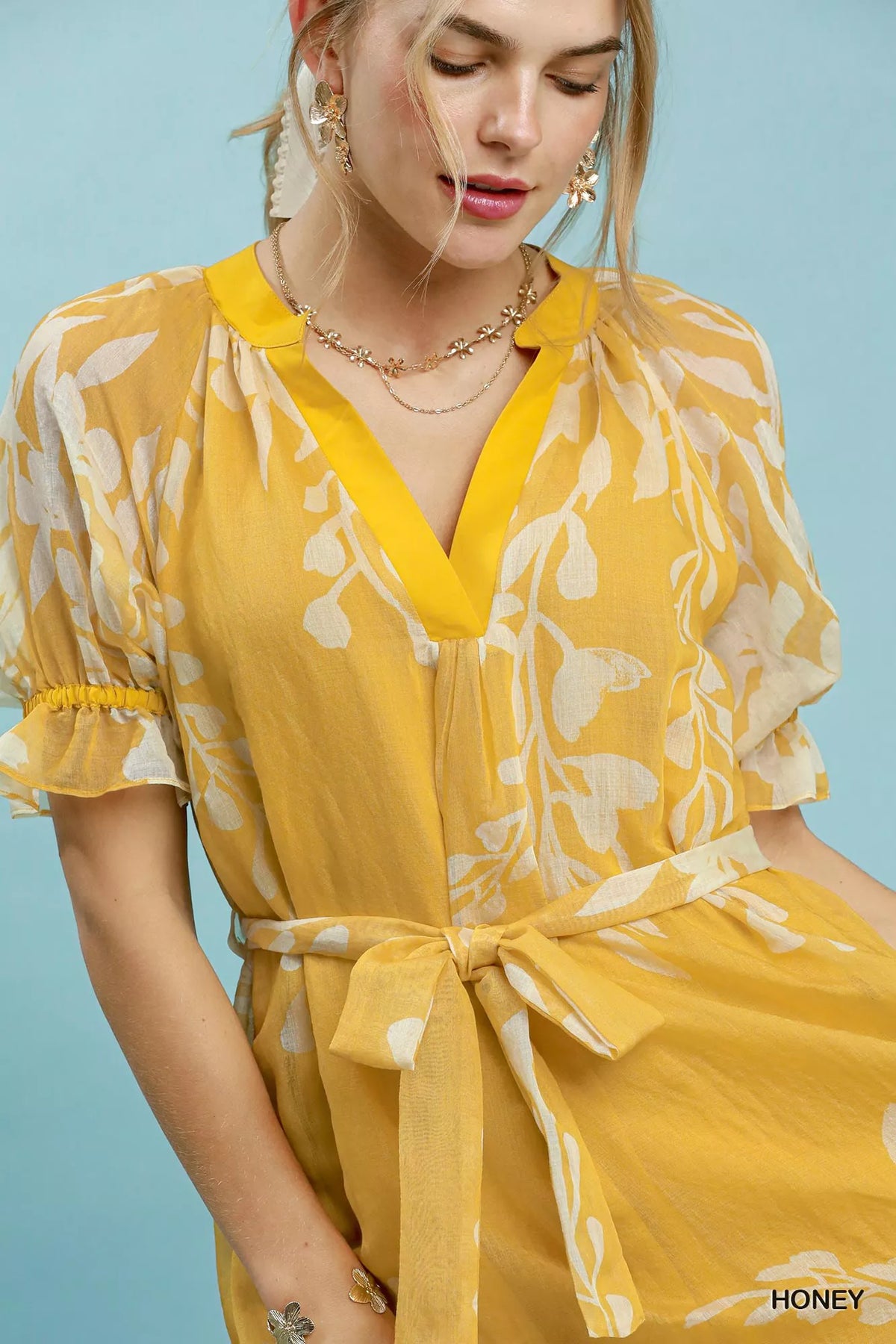 Umgee Floral Print Tie Waist Midi Dress with Side Pockets - WYNFLARE