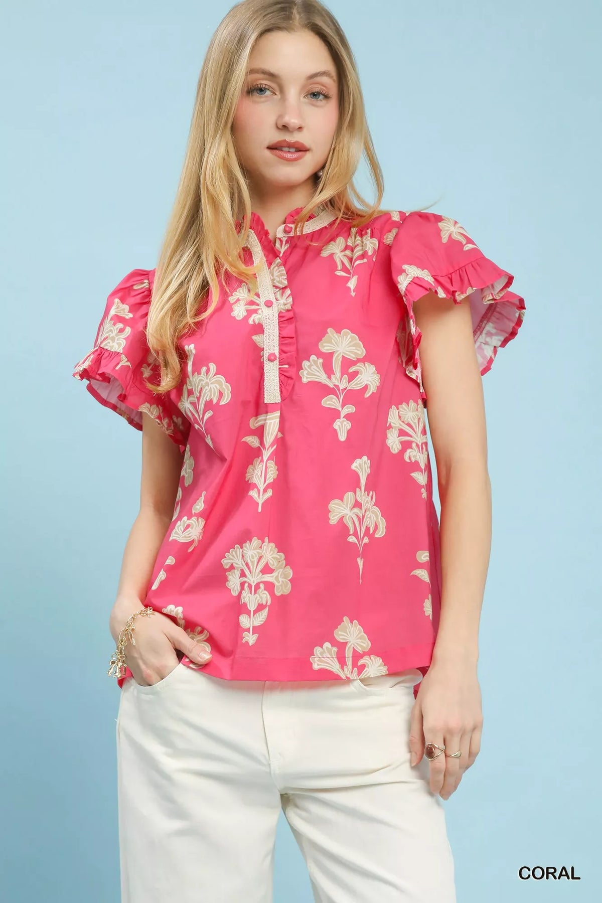 Umgee Floral Ruffle Sleeve Split-Neck Top - WYNFLARE