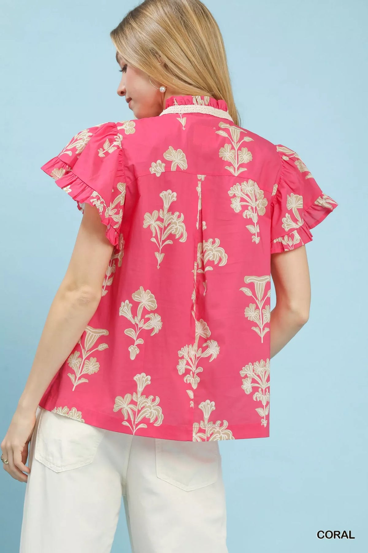 Umgee Floral Ruffle Sleeve Split-Neck Top - WYNFLARE