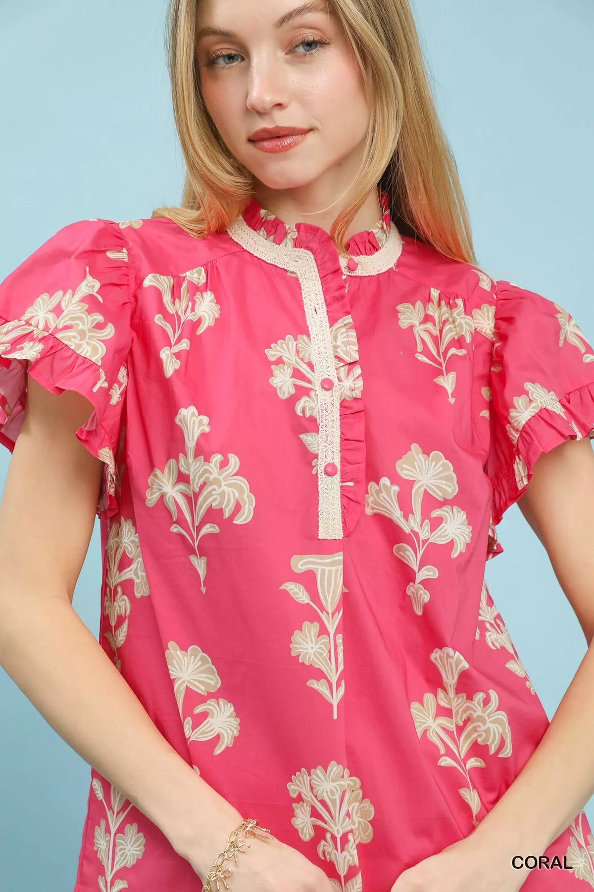 Umgee Floral Ruffle Sleeve Split-Neck Top - WYNFLARE
