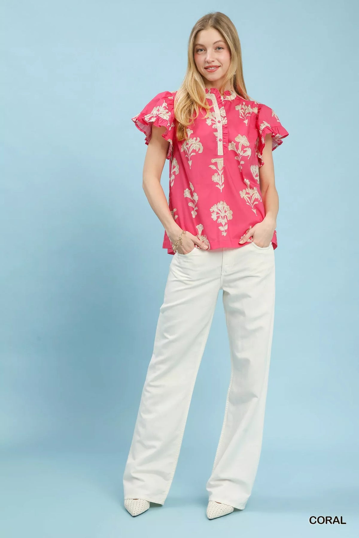 Umgee Floral Ruffle Sleeve Split-Neck Top - WYNFLARE