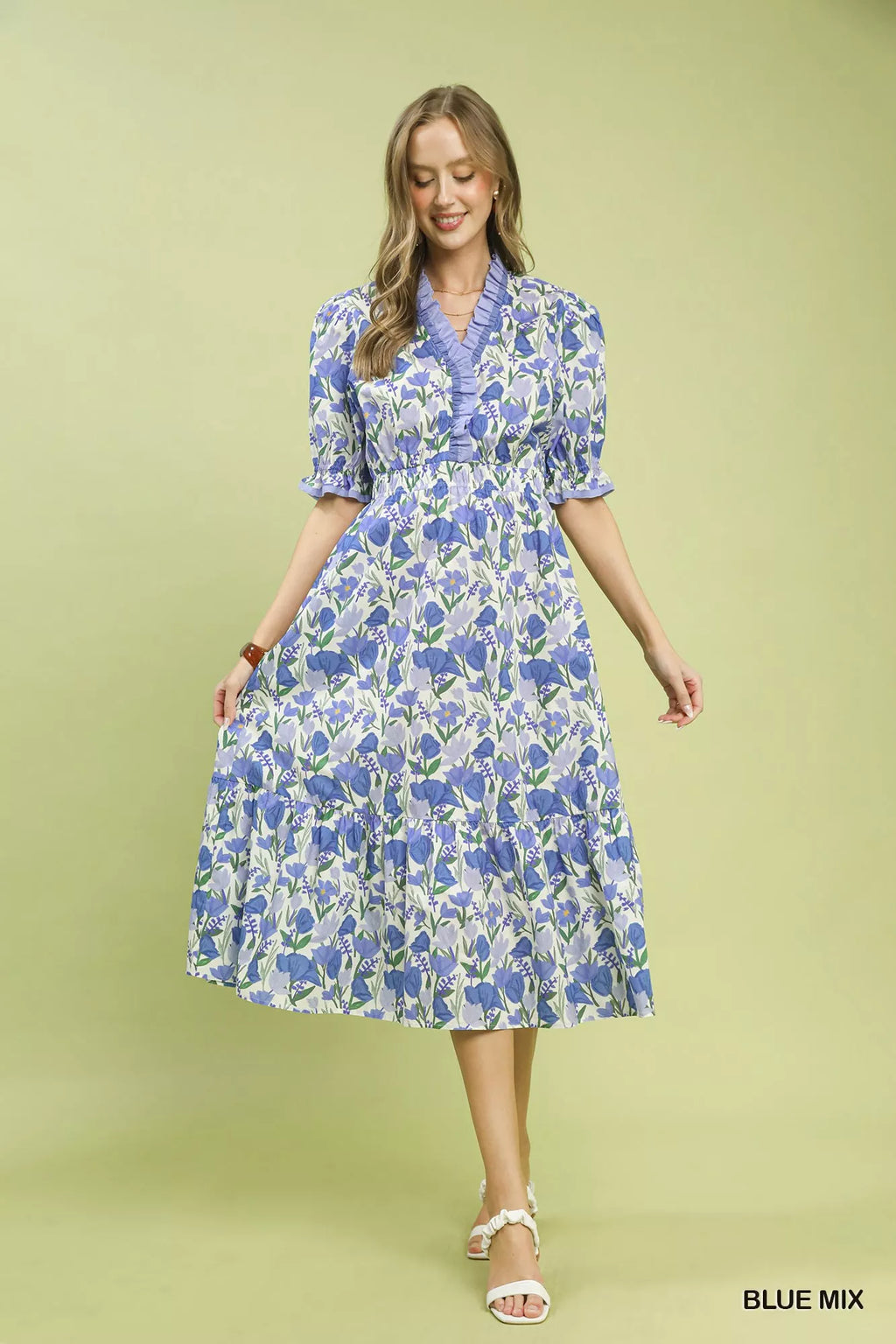 Umgee Floral Ruffle Trim Tiered Midi Dress - WYNFLARE