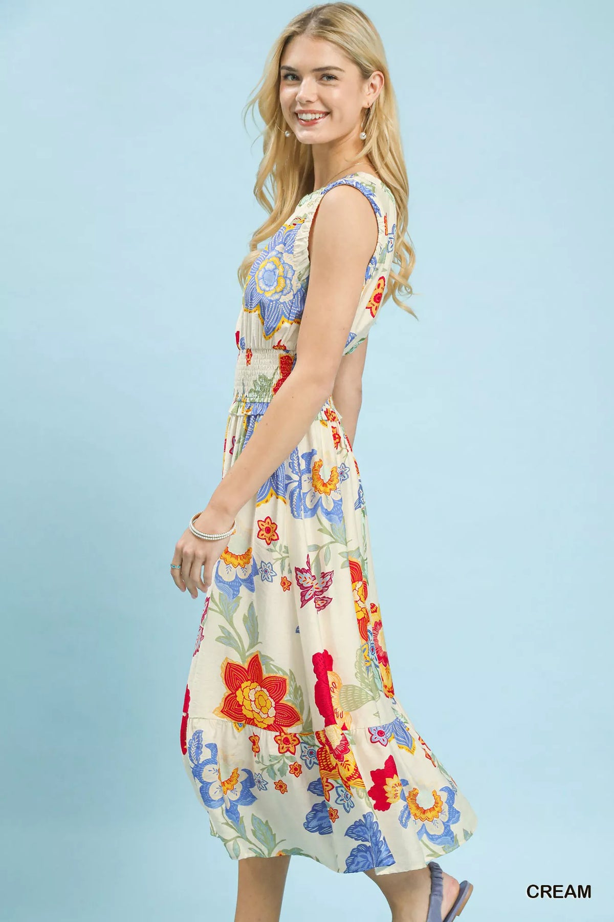 Umgee Floral Smocked Midi Dress - WYNFLARE