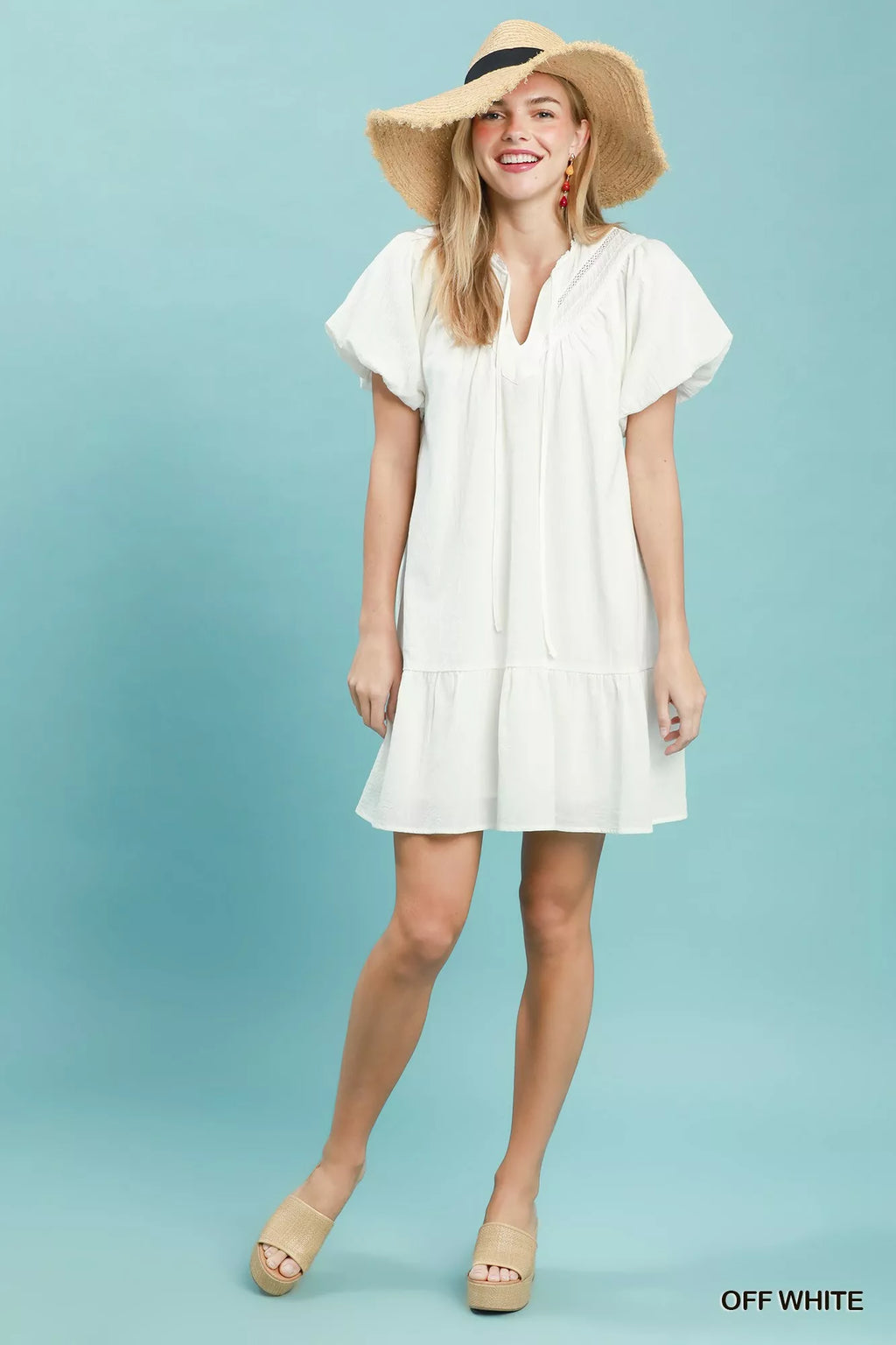 Umgee Flutter Sleeve Tassel Tie Ruffle Hem Mini Dress - WYNFLARE