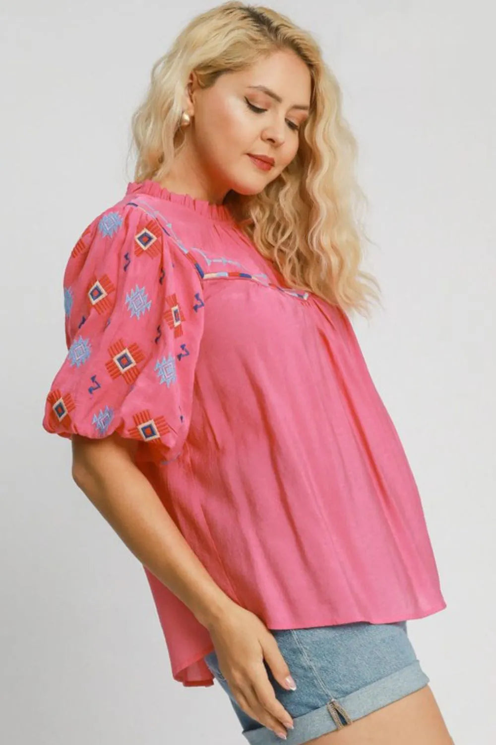 Umgee Full Size Embroidered Puff Sleeve Mock Neck Top Plus Size - WYNFLARE