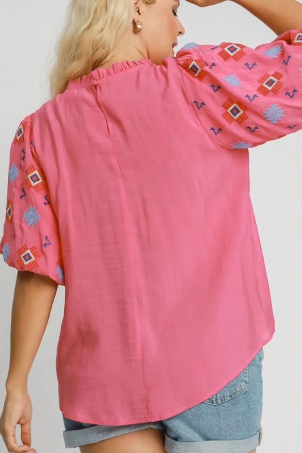 Umgee Full Size Embroidered Puff Sleeve Mock Neck Top Plus Size - WYNFLARE