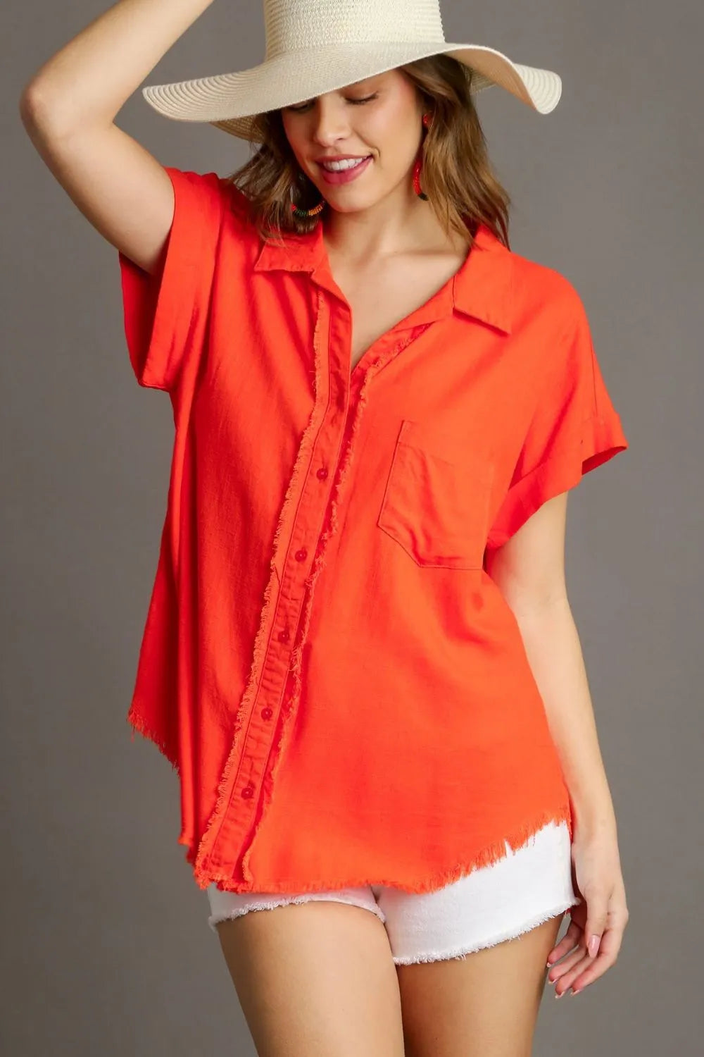 Umgee Full Size Linen Blend Button Down Short Folded Sleeve Shirt Plus Size - WYNFLARE