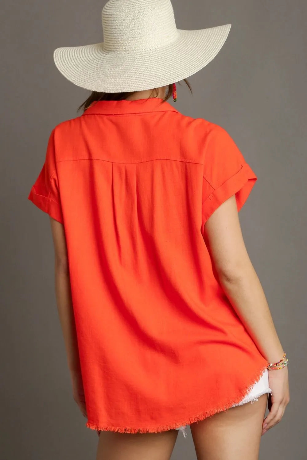 Umgee Full Size Linen Blend Button Down Short Folded Sleeve Shirt Plus Size - WYNFLARE