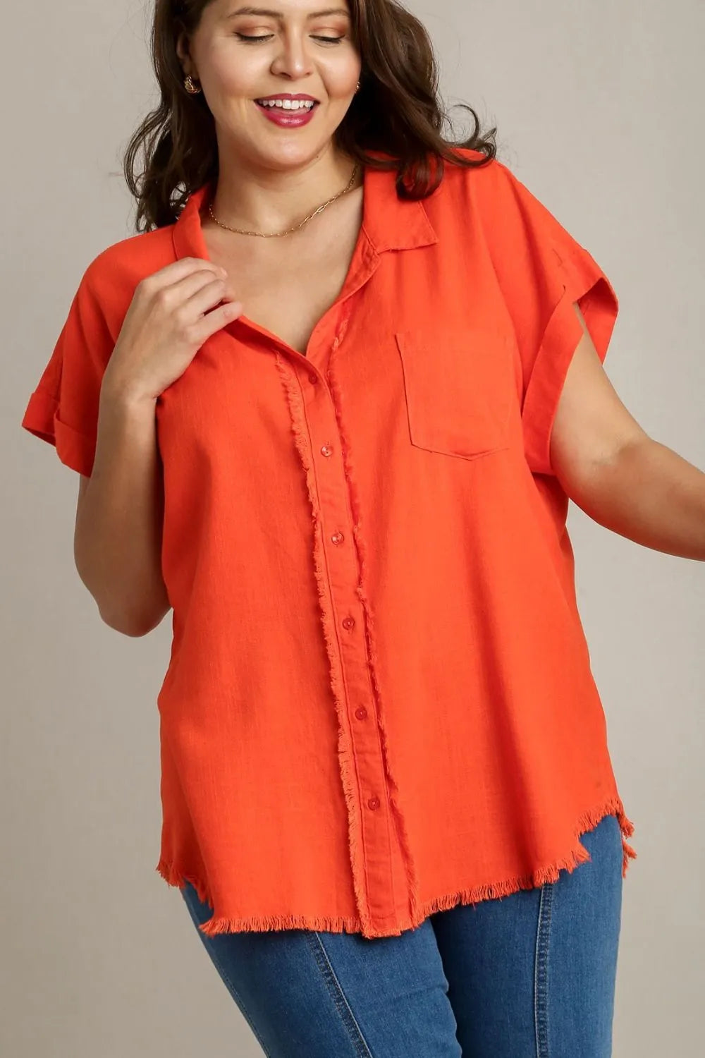 Umgee Full Size Linen Blend Button Down Short Folded Sleeve Shirt Plus Size - WYNFLARE