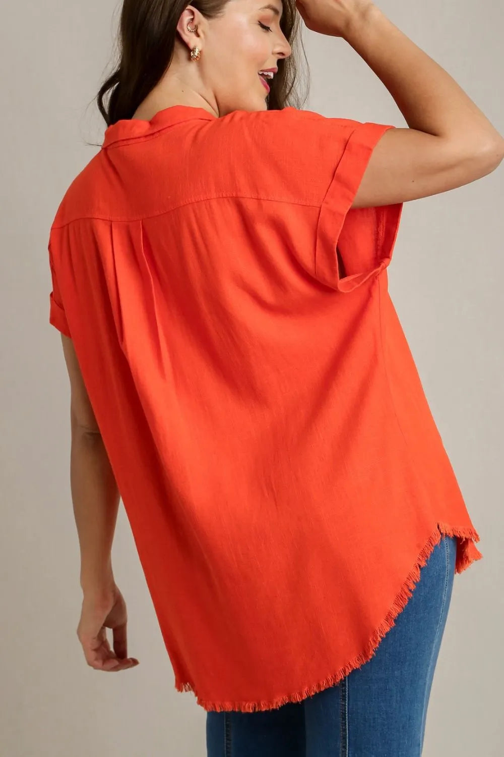 Umgee Full Size Linen Blend Button Down Short Folded Sleeve Shirt Plus Size - WYNFLARE