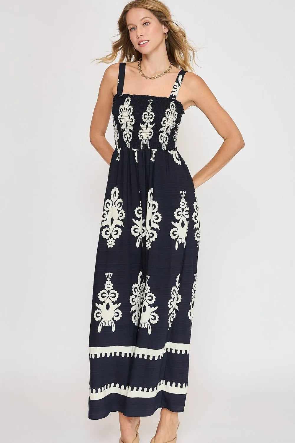Umgee Full Size Smocked Printed Wide Leg Jumpsuit Plus Size - WYNFLARE